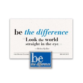 be the difference lapel pin with blue background and message card
