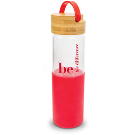 20 oz. water bottle w/ white silicone sleeve, bamboo lid and carrying handle. Featured message: be the difference.