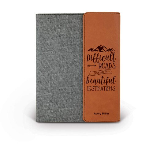 This Canvas Leather Padfolio With Notepad Features The Inspirational Message “Difficult Roads Often Lead To Beautiful Destinations”