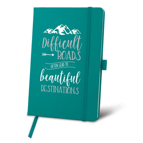 This Hardbound Journal With A Satin Ribbon And Elastic Band Features The Inspirational Message “Difficult Roads Often Lead To Beautiful Destinations” 