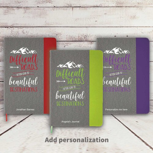 heather gray journals with red, green, and purple accents with Beautiful Destinations message and personalization