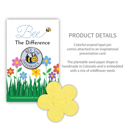 Bee the Difference lapel pin and flower shape seed paper with product details