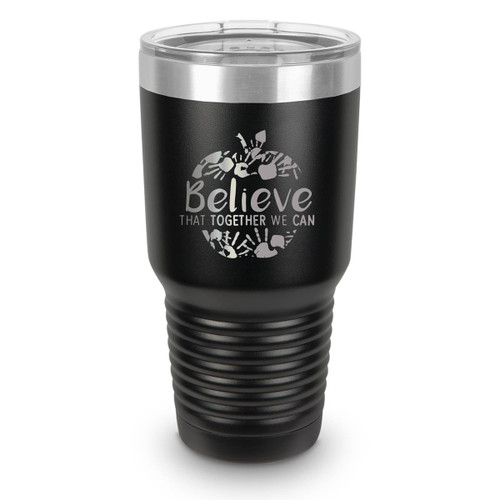 black 30 oz. stainless steel tumbler with believe message