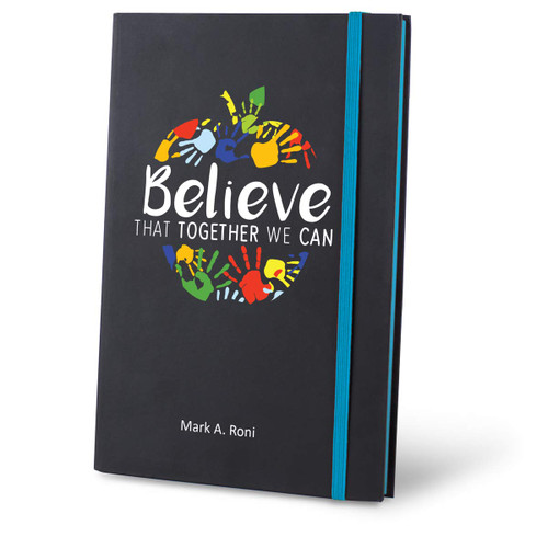 believe black journal with blue accents and personalization
