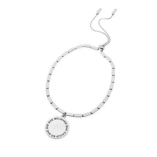 This 14-Karat Silver Bracelet Features The Inspirational Laser Engraved Message “She Believed She Could So She Did”