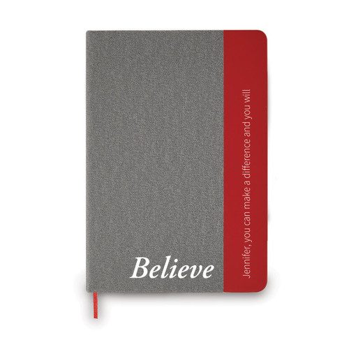 heather gray journal with red accents and believe message