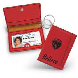 red leather id holder with believe message