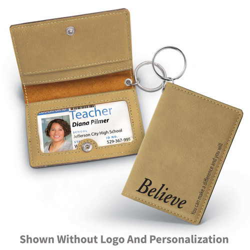 light brown leather id holder with believe message