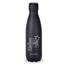 black stainless steel water bottle with believe message