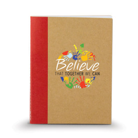 kraft memo book with red accent and believe message