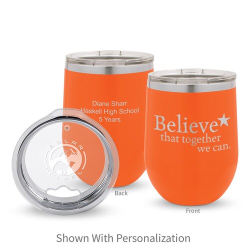 orange 12 oz. stainless steel tumblers with believe message and personalization