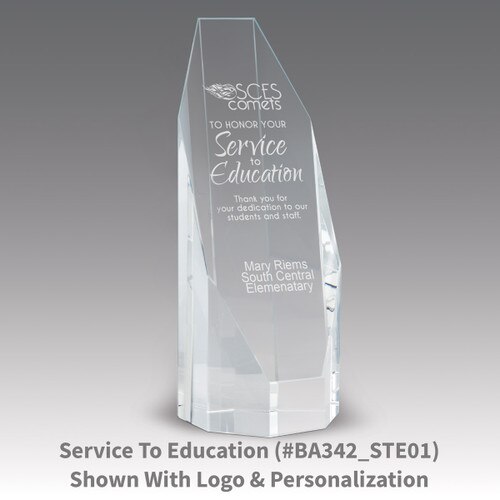 beveled optic crystal octagon tower with service to education message