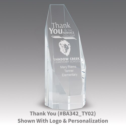 beveled optic crystal octagon tower with thank you message