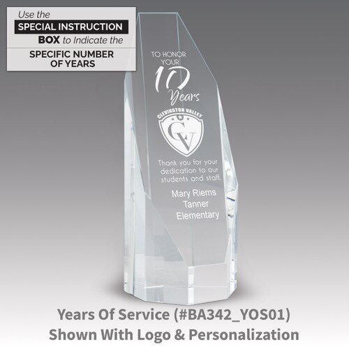 beveled optic crystal octagon tower with years of service message
