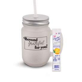 12 oz. Frosted Mason Jar with metal lid and white straw. Features the Inspirational Beyond Grateful For You Message.