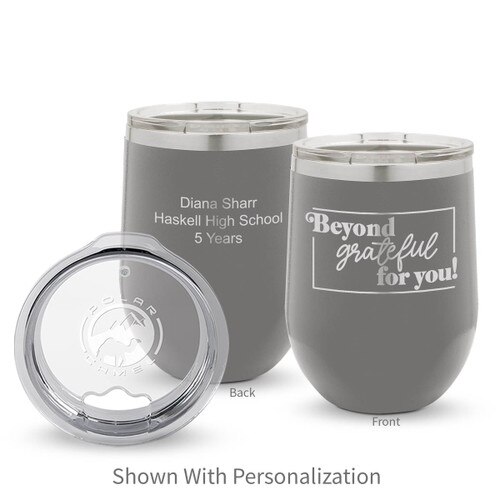 gray 12 oz. stainless steel tumblers with beyond grateful message and personalization