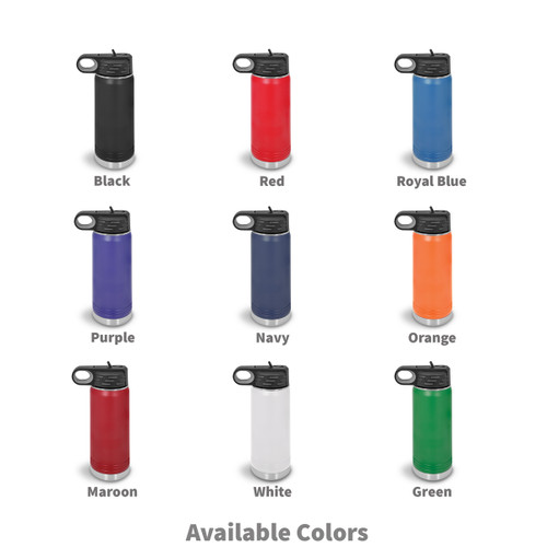 nine different colors of 20 oz stainless steel water bottles