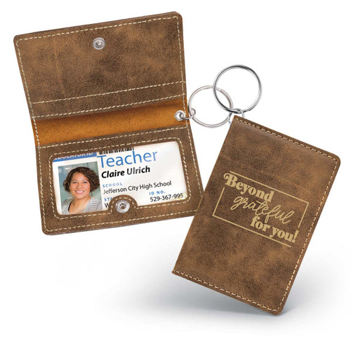 rustic leather id holder with beyond grateful for you message