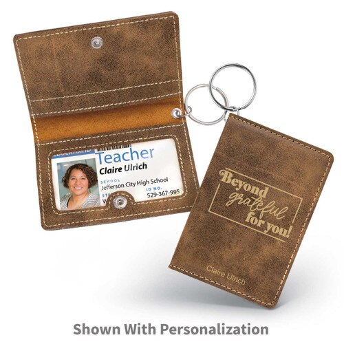 rustic leather id holder with beyond grateful for you message and personalization