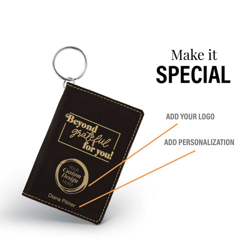 black leather id holder with beyond grateful for you message and add your logo