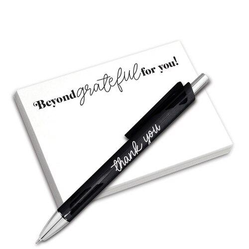 4x3 sticky notepad and pen combo. 100 sheets featuring the message beyond grateful for you! Includes black mechanical pen.