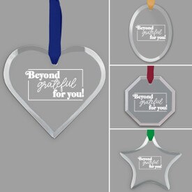 different shapes of crystal ornament with beyond grateful message and satin ribbon