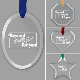 different shapes of crystal ornament with beyond grateful message and satin ribbon