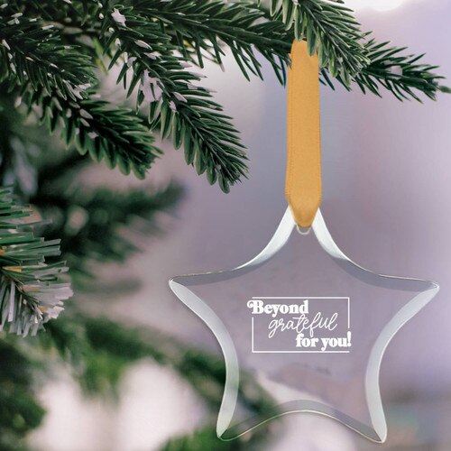 star shaped crystal ornament with beyond grateful message and gold satin ribbon
