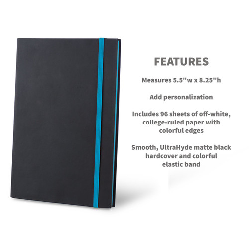 black matte journal with blue elastic band and product detail features