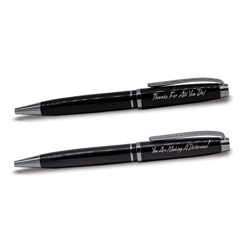 two black and sliver pens with thanks for all you do and making a difference messages