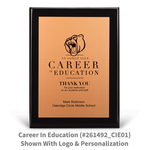 black piano finish plaque with career in education message and a personalized copper plate
