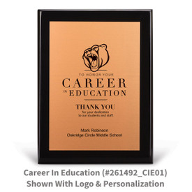 black piano finish plaque with career in education message and a personalized copper plate
