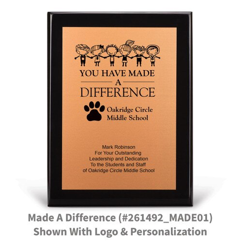 black piano finish plaque with you have made a difference message and a personalized copper plate