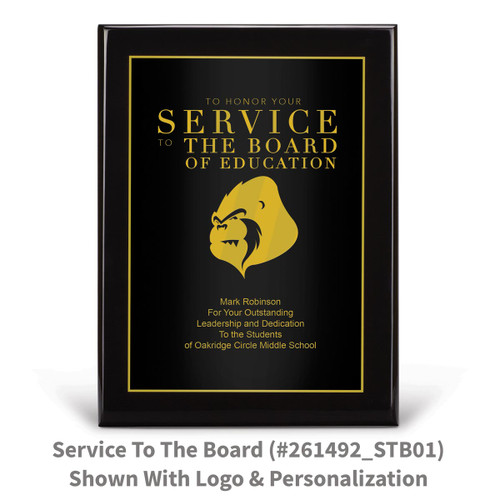 black piano finish plaque with service to the board message and a personalized black plate