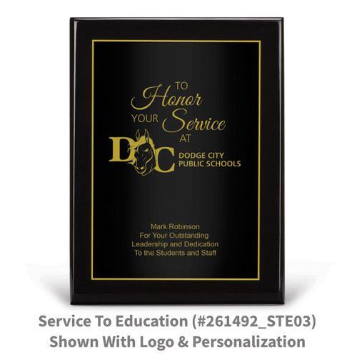 black piano finish plaque with to honor your service message and a personalized black plate