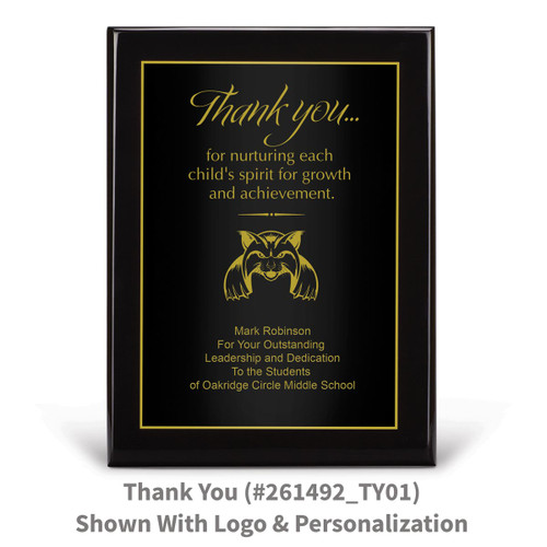black piano finish plaque with thank you message and a personalized black plate