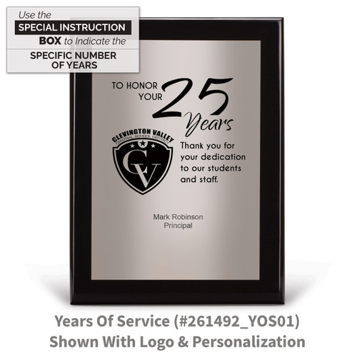 black piano finish plaque with years of service message and a personalized silver plate