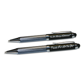 two black and sliver stylus pens with thanks for all you do and making a difference messages