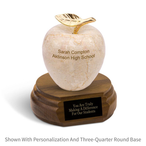 personalized botticino beige marble apple sitting on top a three-quarter round walnut base with black brass plate