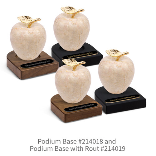 black and brown walnut podium bases with black brass plates and botticino beige marble apples