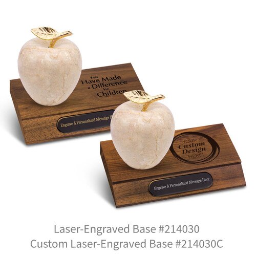 laser engraved walnut bases with black brass plates and botticino beige marble apples