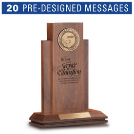 walnut column with brass medallion and service to education message and personalized brass plate