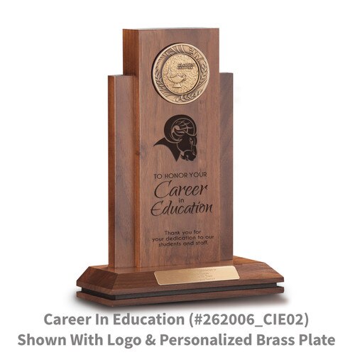 walnut column with brass medallion and career in education message and personalized brass plate