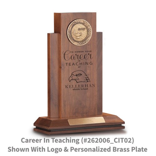 walnut column with brass medallion and career in teaching message and personalized brass plate