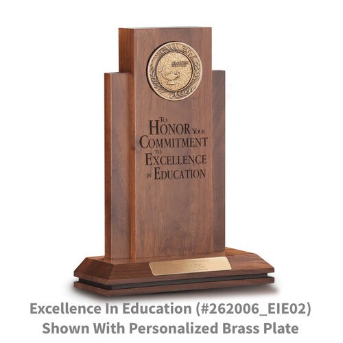 walnut column with brass medallion and commitment to excellence in education message and personalized brass plate