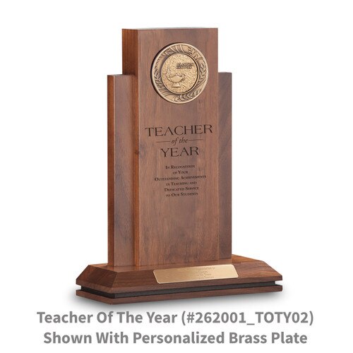walnut column with brass medallion and teacher of the year message and personalized brass plate