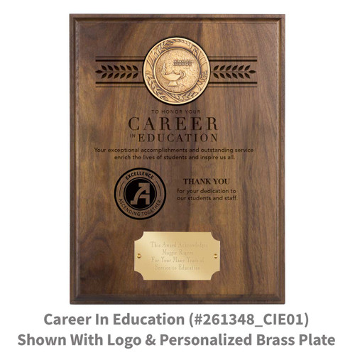 solid walnut plaque with brass medallion and honor your career in education message