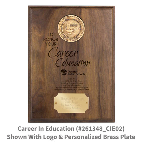 solid walnut plaque with brass medallion and honor your career in education message