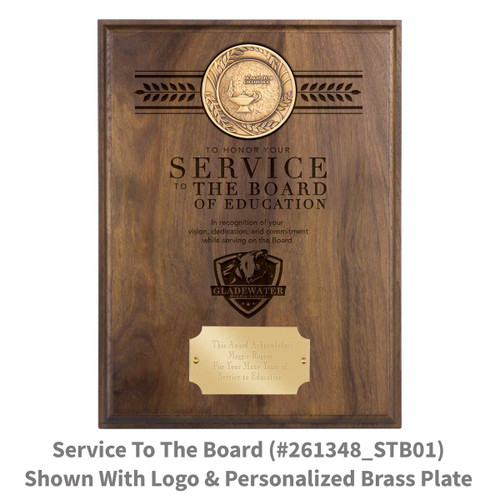 solid walnut plaque with brass medallion and service to the board message