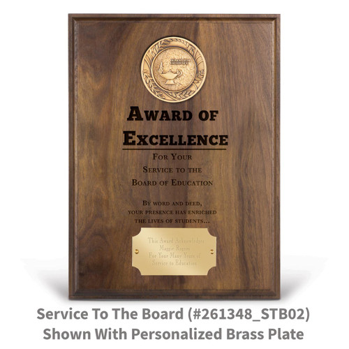 solid walnut plaque with brass medallion and award of excellence message